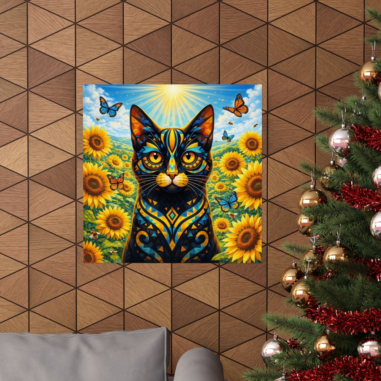Sunflower Cat Poster — Vibrant Stained-Glass Cat Art Print