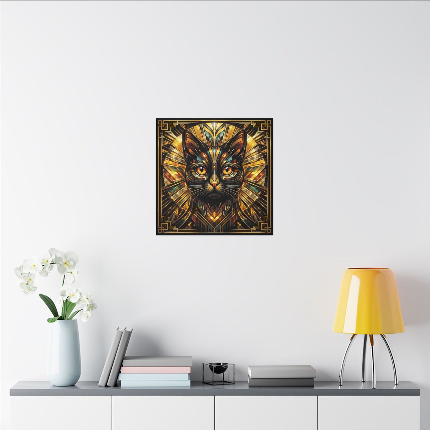 Art Deco Cat Canvas Print — Golden Geometric Feline Wall Art