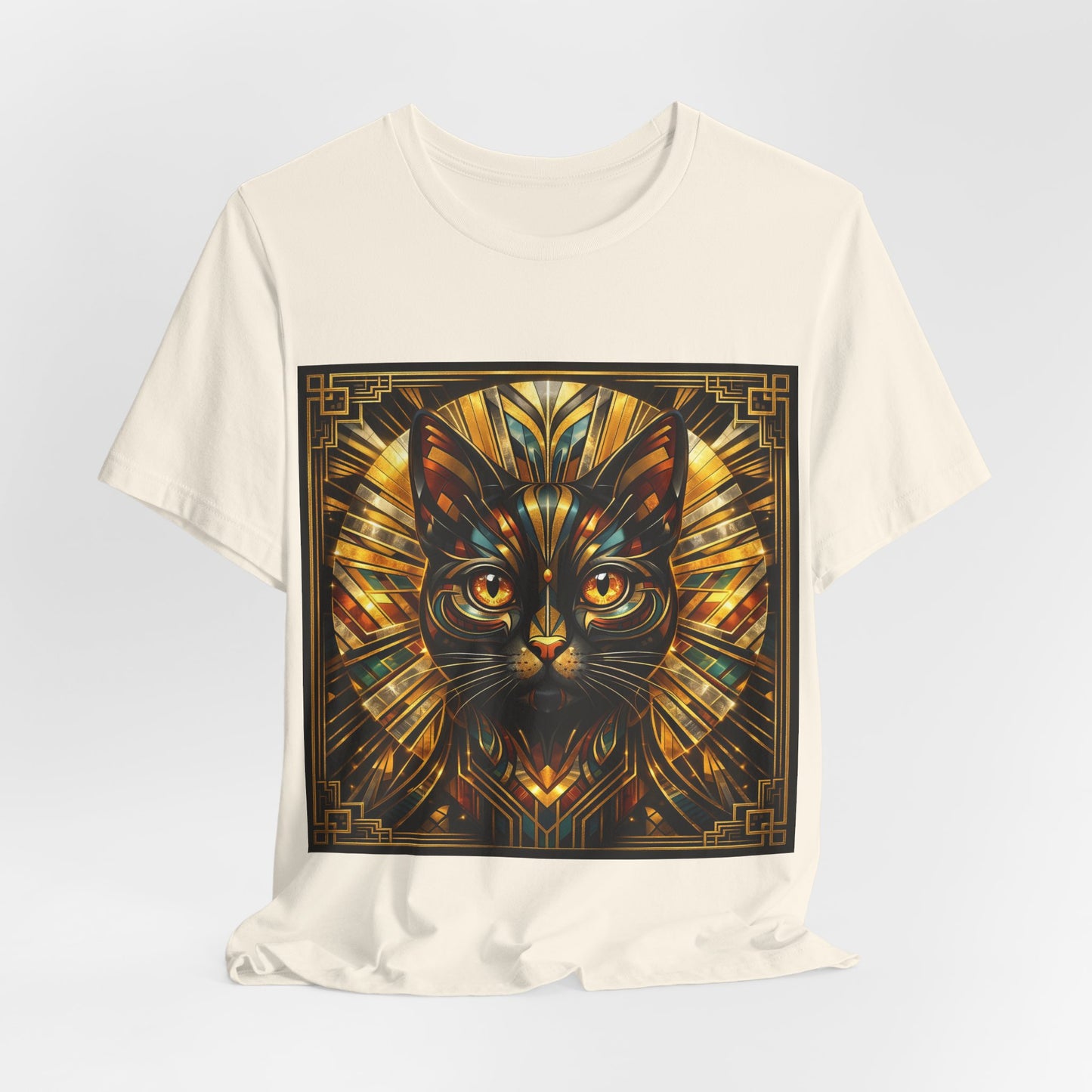 Cream short-sleeve cat t-shirt with square art deco gold and black face graphic