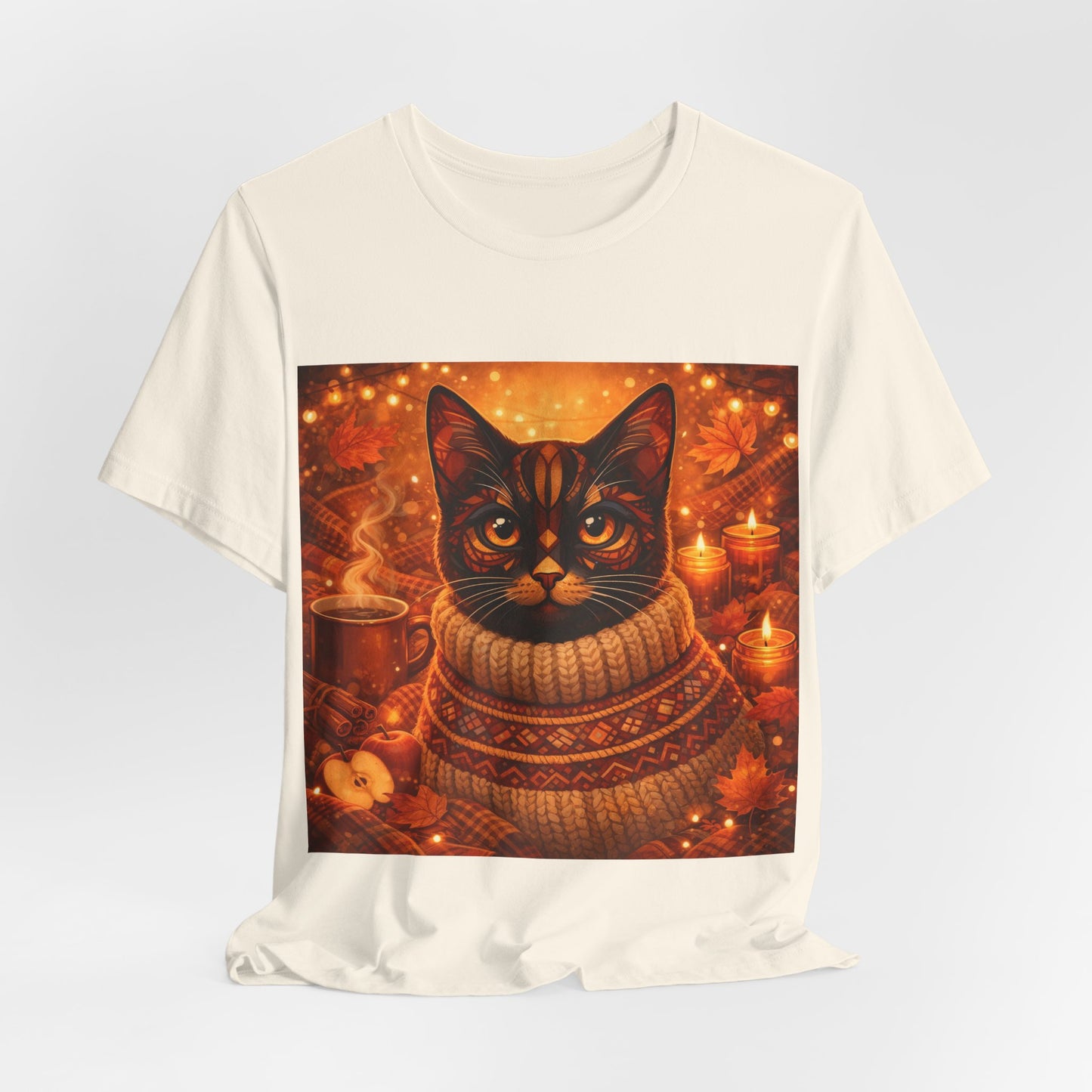 Cream cat graphic T-shirt with autumn sweater portrait, crew neck