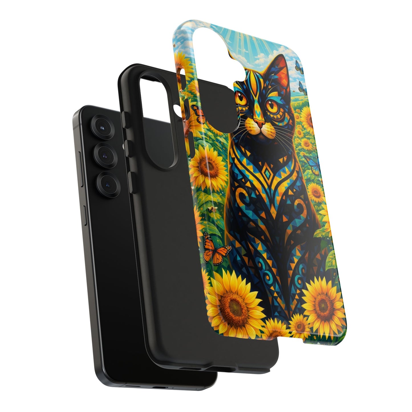 Sunflower Cat Tough Phone Case — Vibrant Boho Floral Armor for iPhone & Android