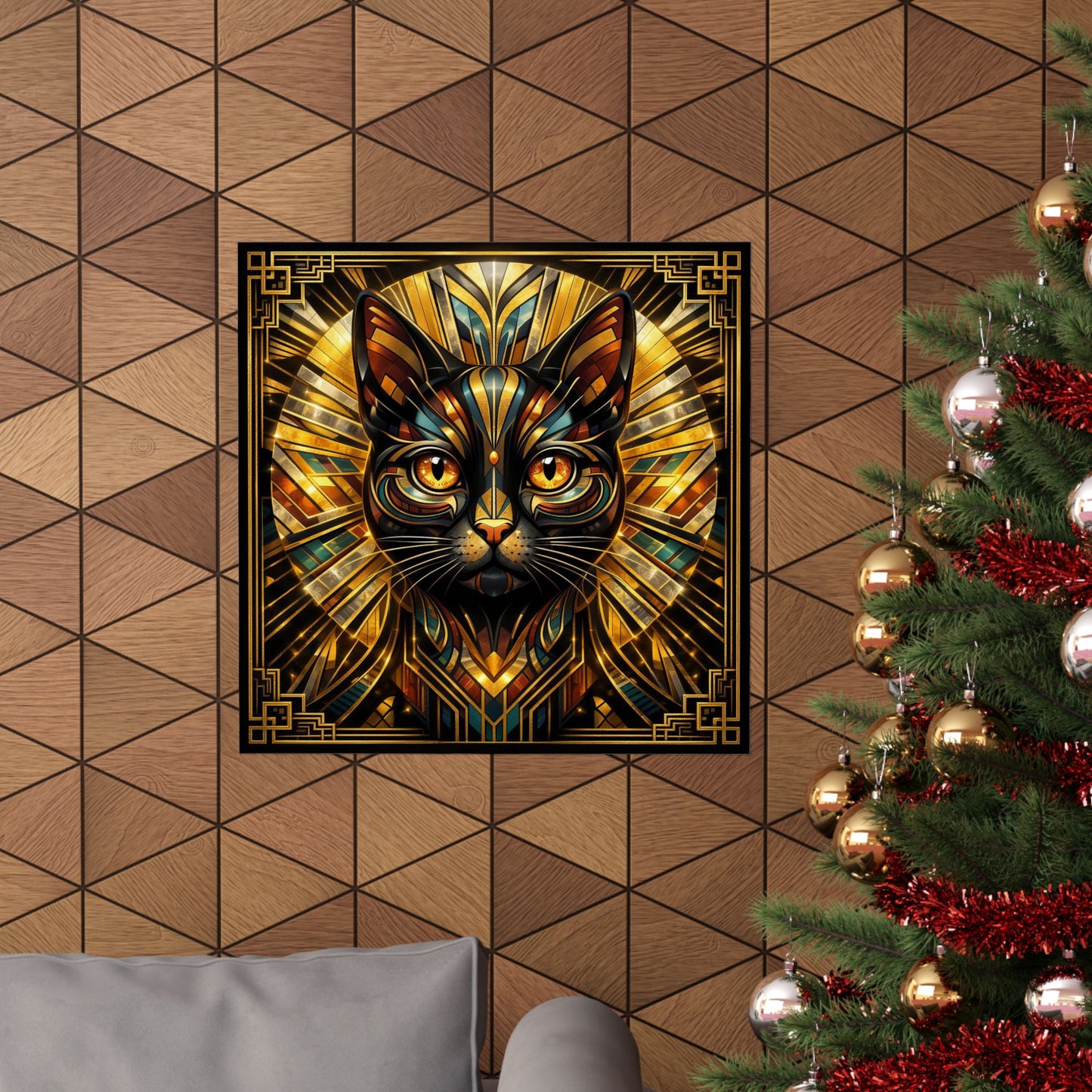Art Deco Golden Cat Poster — Matte Vertical Wall Art