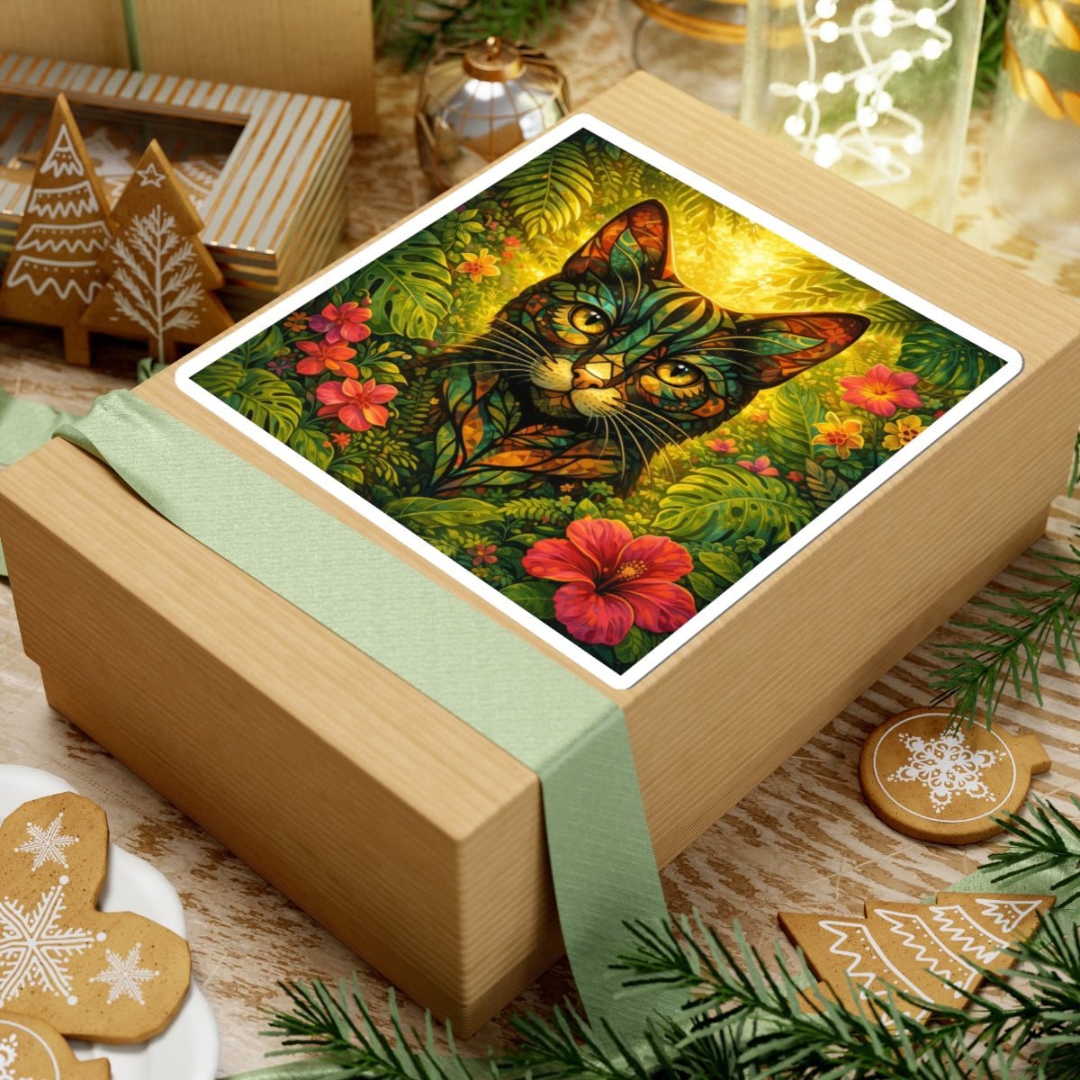 Tropical Cat Sticker — Colorful Botanical Kiss-Cut Decal for Laptops & Water Bottles