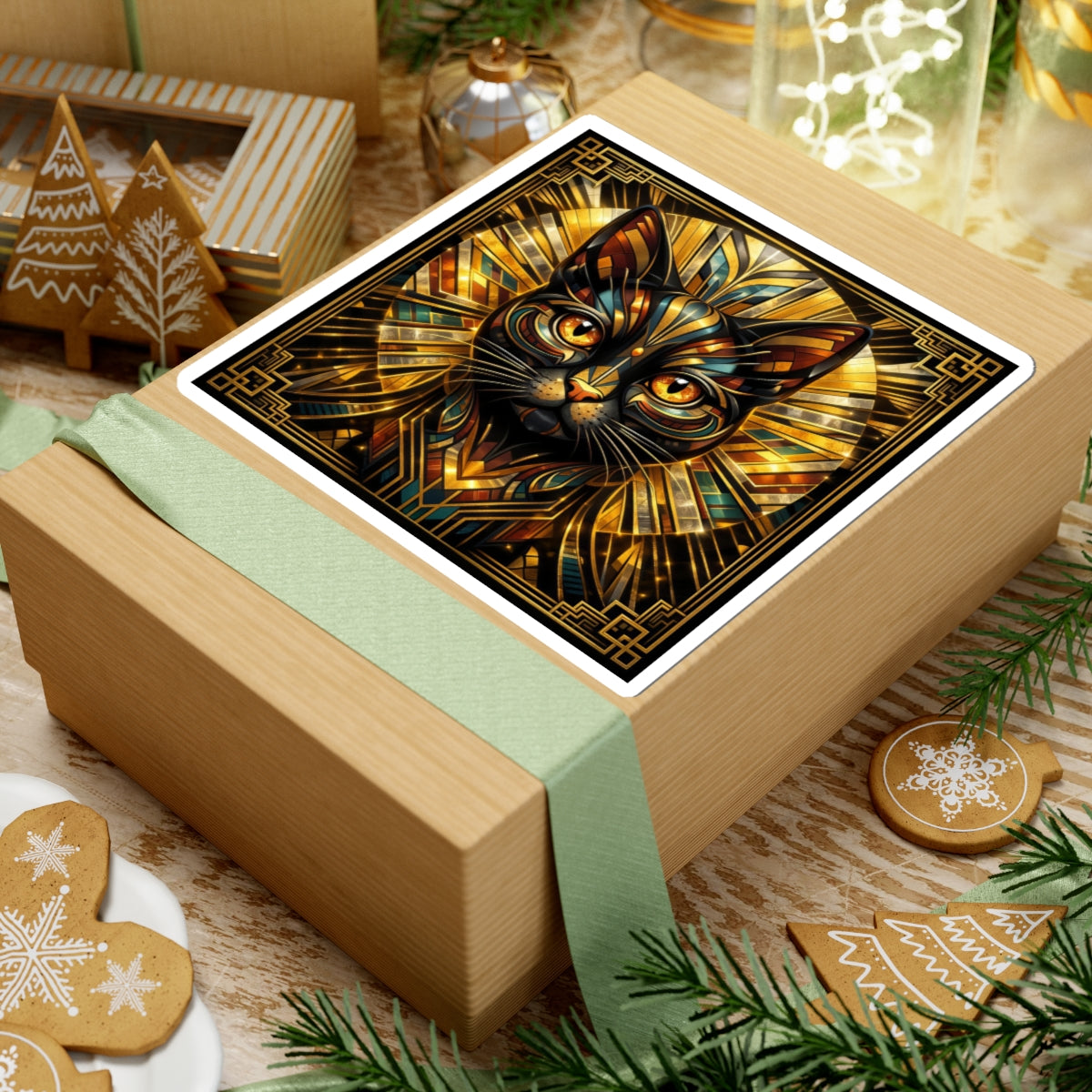 Art Deco Cat Kiss-Cut Sticker — Metallic Gold Geometric Feline Laptop Decal