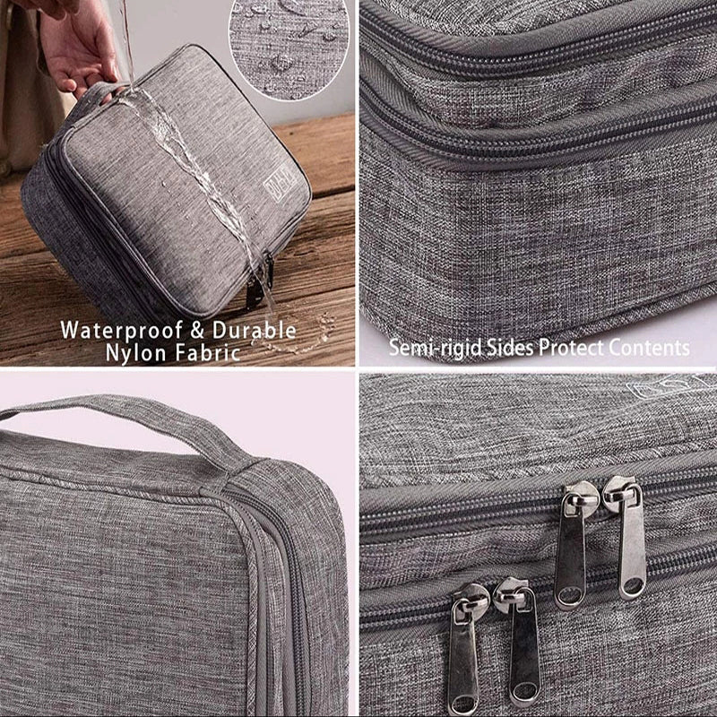 Double-layer electronics organizer bag, dark gray fabric, dual-zipper closure with side panels