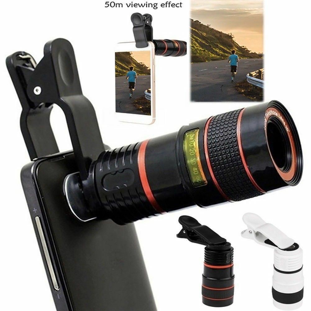 Clip-on phone zoom lens with clamp mount and lens attachment, black and red