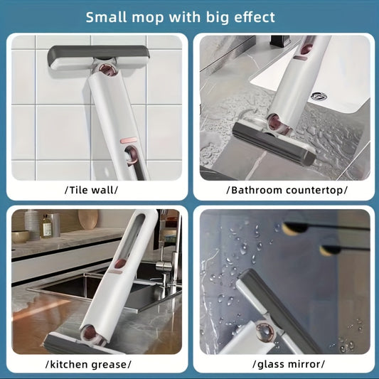 Self-squeeze mini mop with white handle and gray rectangular cleaning pad