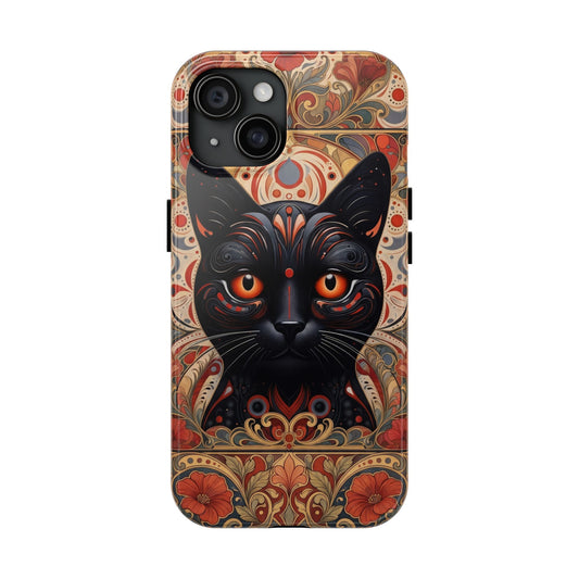 Phone case front view with black cat portrait and ornate floral gothic border