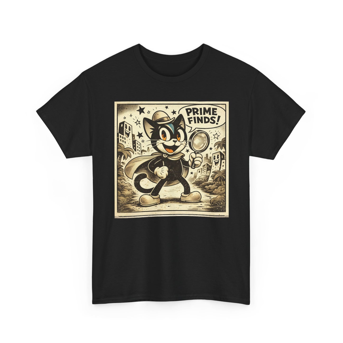 Retro Detective Cat T-Shirt — "Prime Finds!" Vintage Cartoon Tee