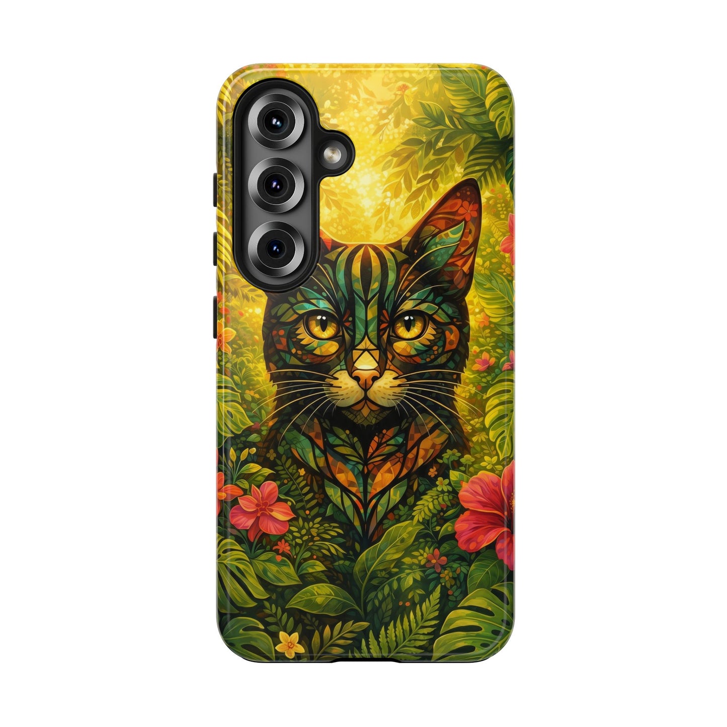 Tough phone case with jungle cat face artwork and smooth textured border