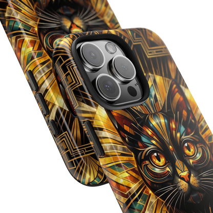 Art Deco Cat Tough Phone Case — Golden Geometric Protective Cover