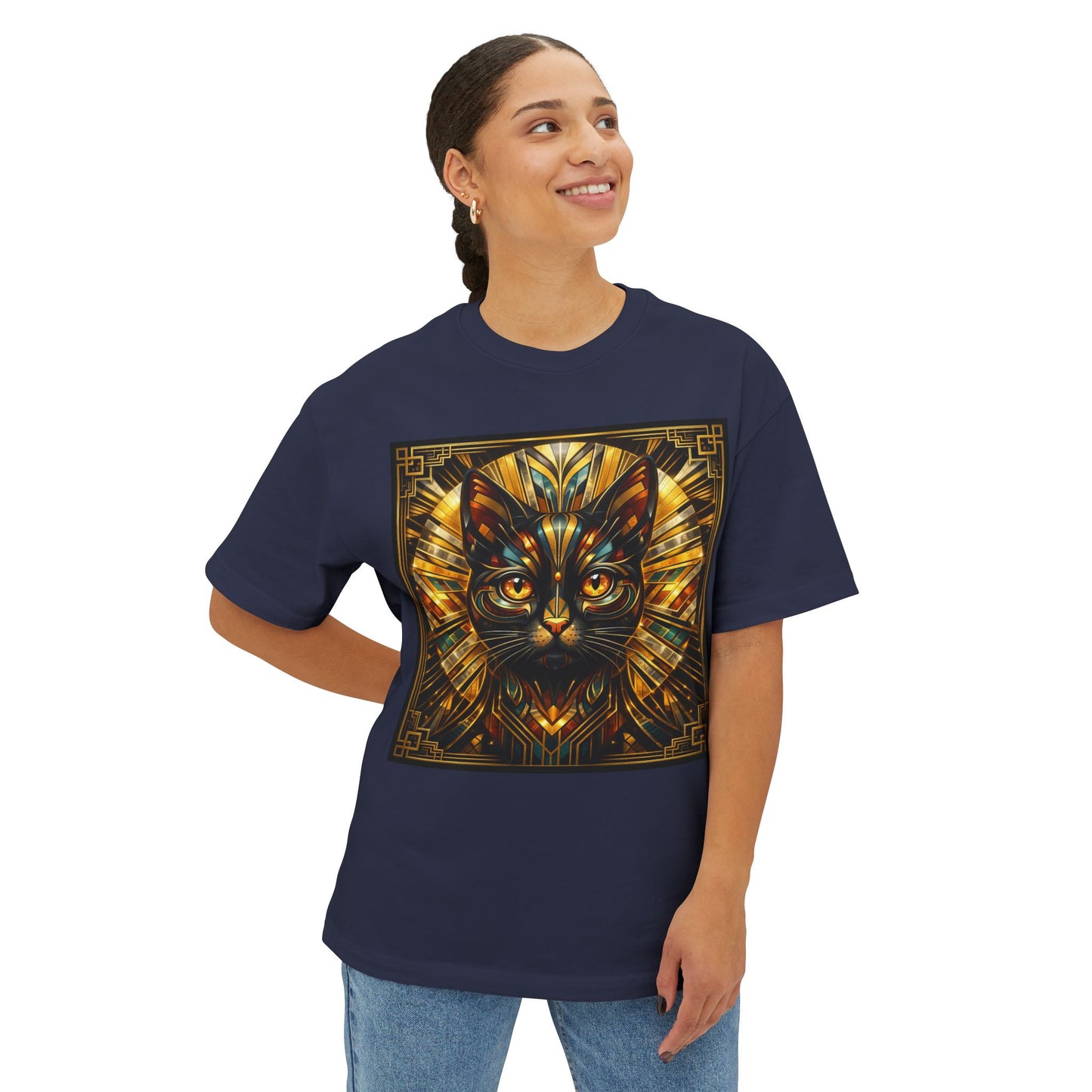 Art Deco Cat Graphic Tee — Golden Stained-Glass Feline Print