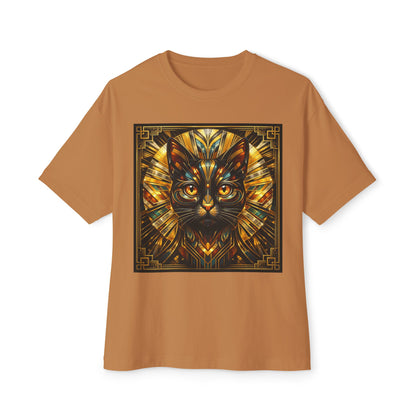 Art Deco Cat Graphic Tee — Golden Stained-Glass Feline Print