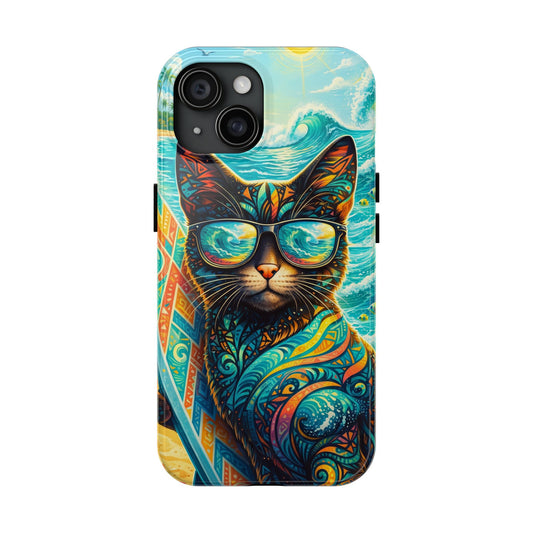 Phone case back view with colorful cat and blue sunglasses over tropical pattern and waves.