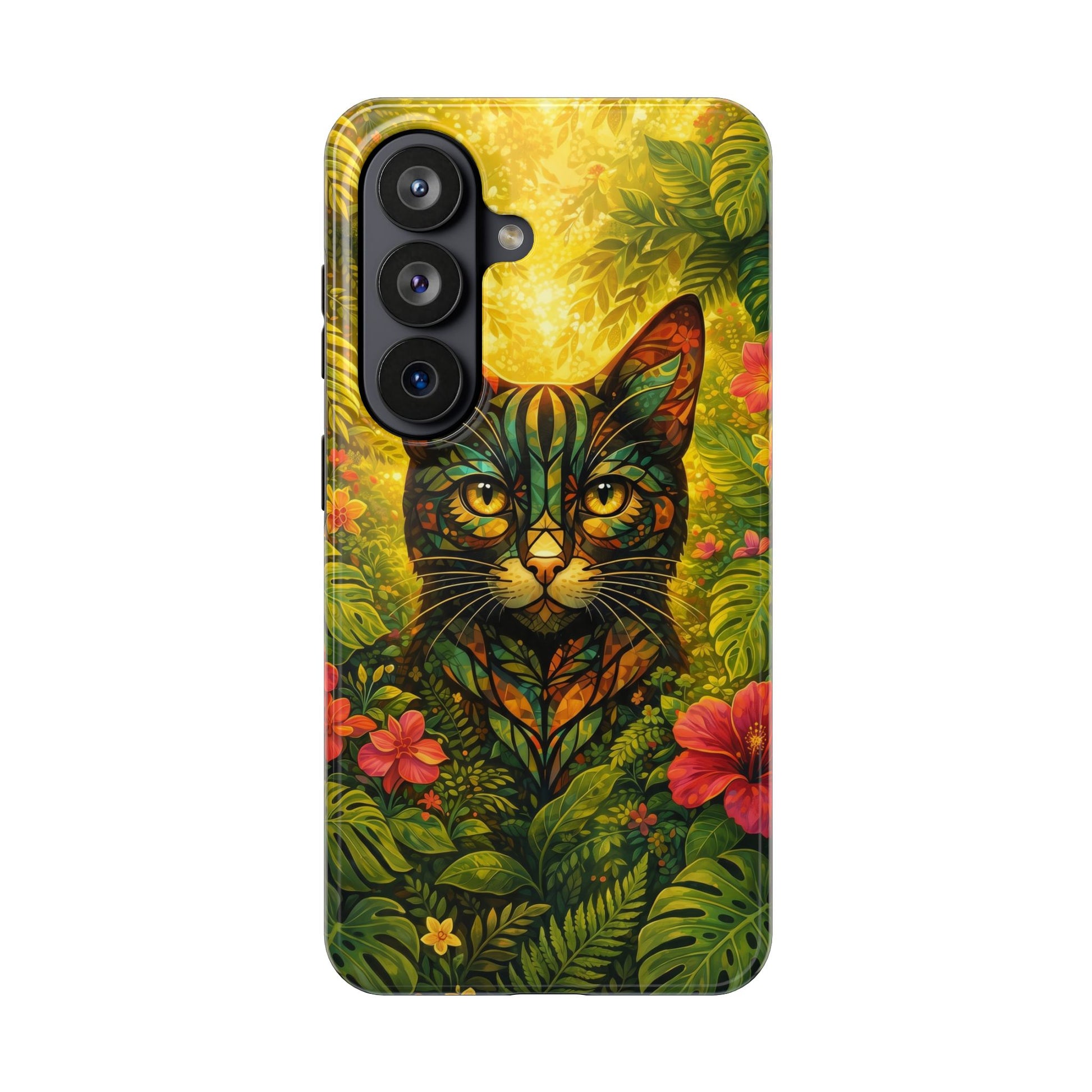 Tough phone case with vibrant jungle cat and leafy botanical pattern, raised camera openings.