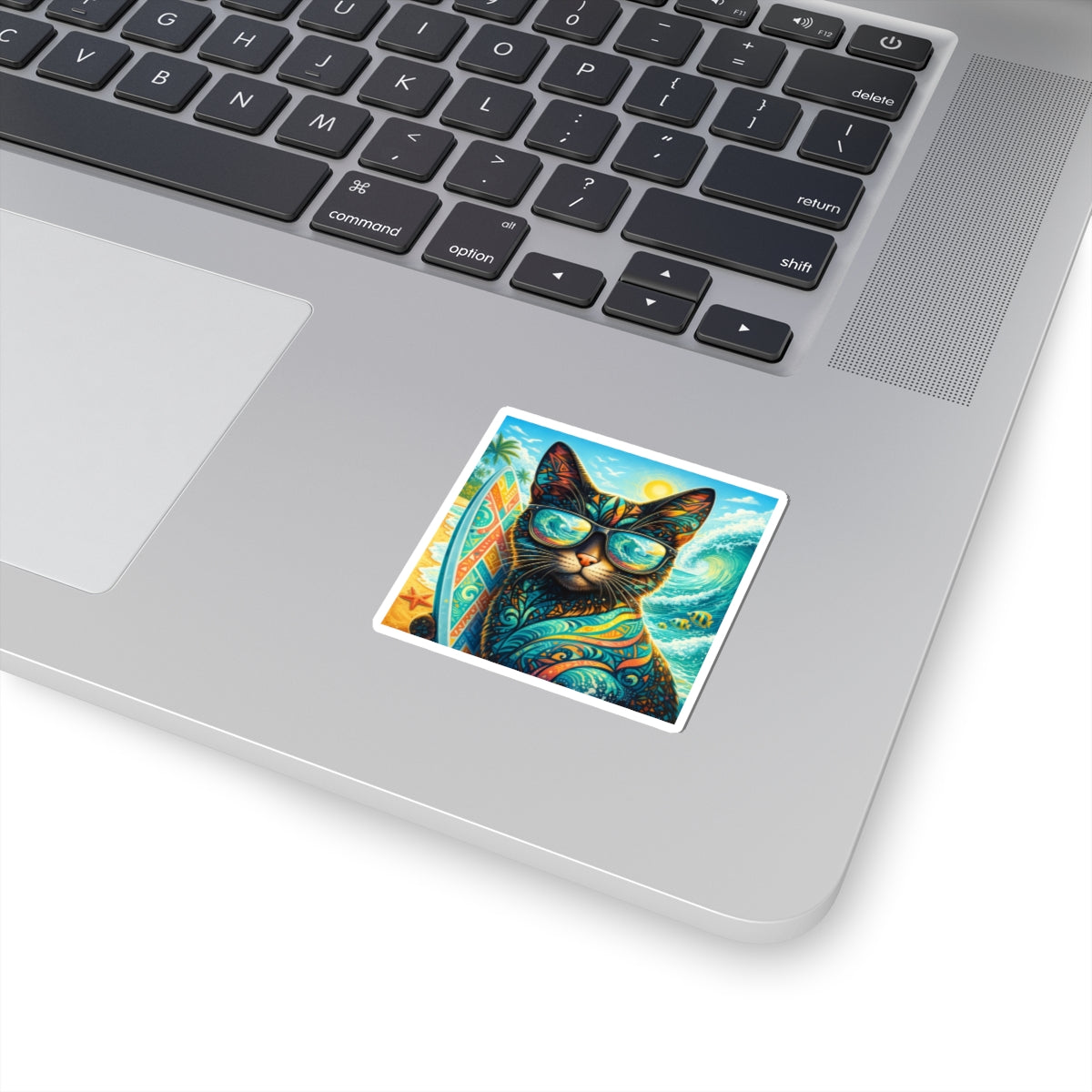 Surfing Cat Sticker — Colorful Tropical Beach Cat Kiss-Cut Sticker