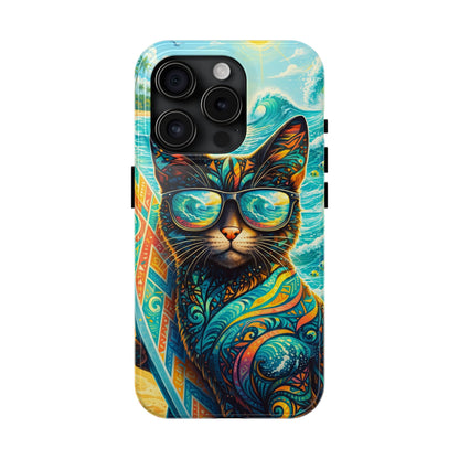 Tropical Surf Cat Tough Phone Case — Colorful Sunglasses Cat Slim Protective Cover