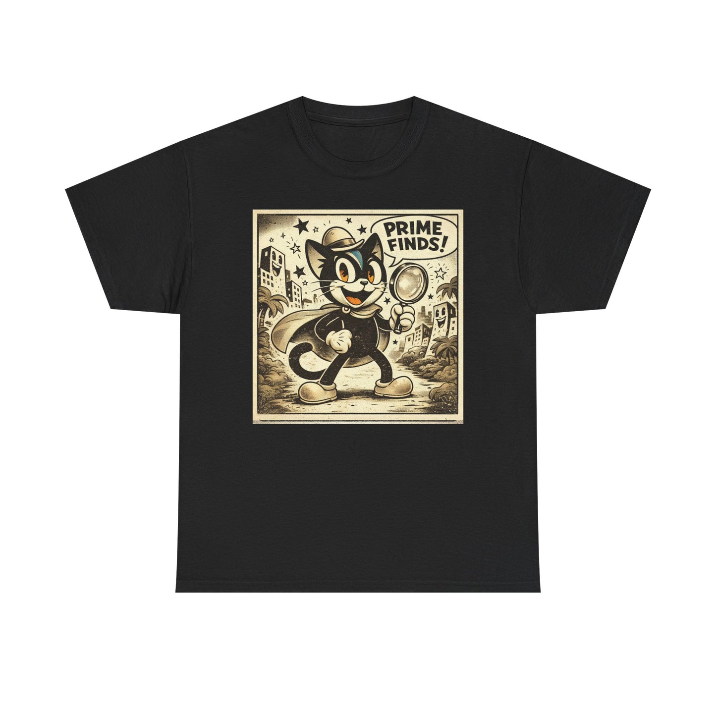 Retro Detective Cat T-Shirt — "Prime Finds!" Vintage Cartoon Tee
