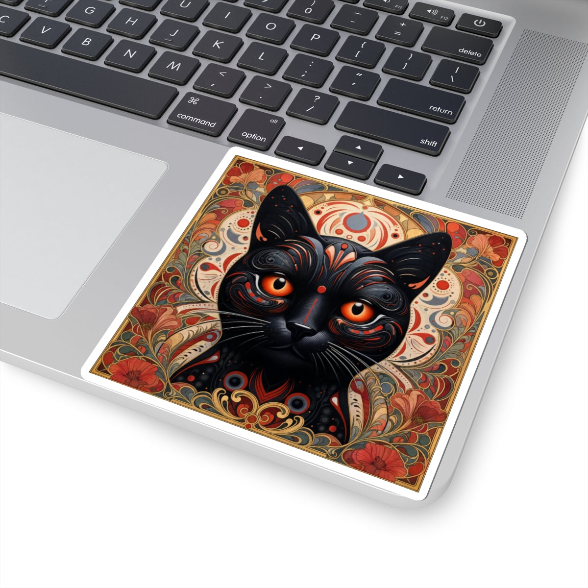 Black Cat Art Sticker — Ornate Orange Eyes Kiss-Cut Vinyl Sticker