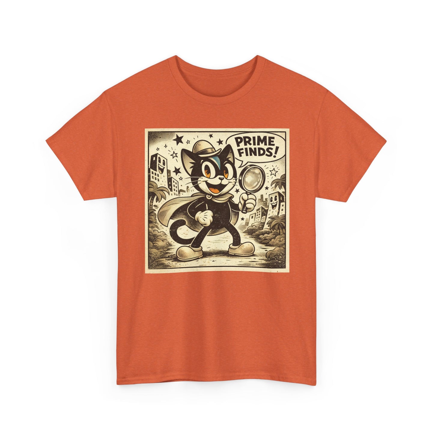 Orange vintage graphic detective cat T-shirt with retro cartoon front print