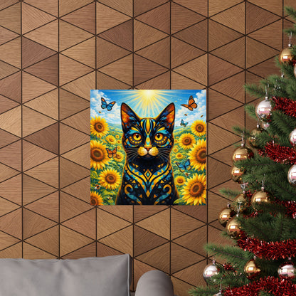 Sunflower Cat Poster — Vibrant Stained-Glass Cat Art Print