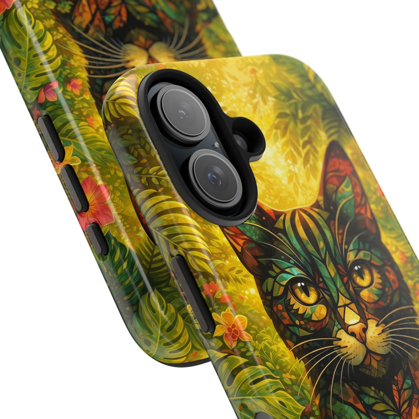 Tough phone case with jungle cat design and camera lens cutouts on the back