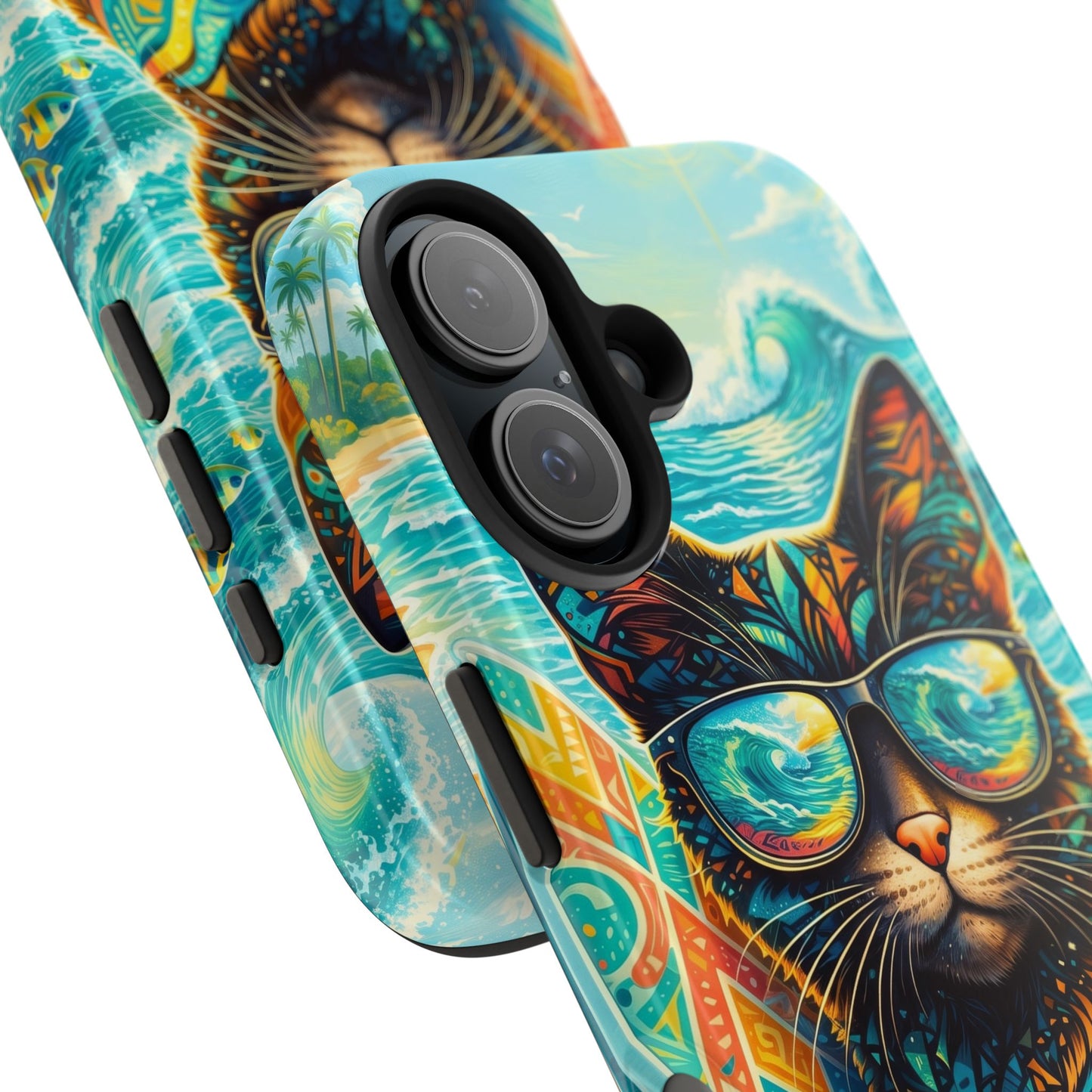 Tropical Surf Cat Tough Phone Case — Colorful Sunglasses Cat Slim Protective Cover