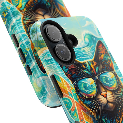 Tropical Surf Cat Tough Phone Case — Colorful Sunglasses Cat Slim Protective Cover