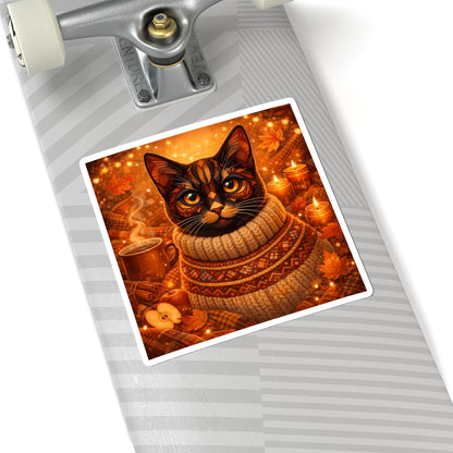 Autumn Cozy Cat Sticker — Fall Sweater Kitty Kiss-Cut Sticker