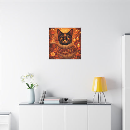 Autumn Cozy Cat Canvas - Warm Fall Cat Portrait with Sweater, Candles & Coffee