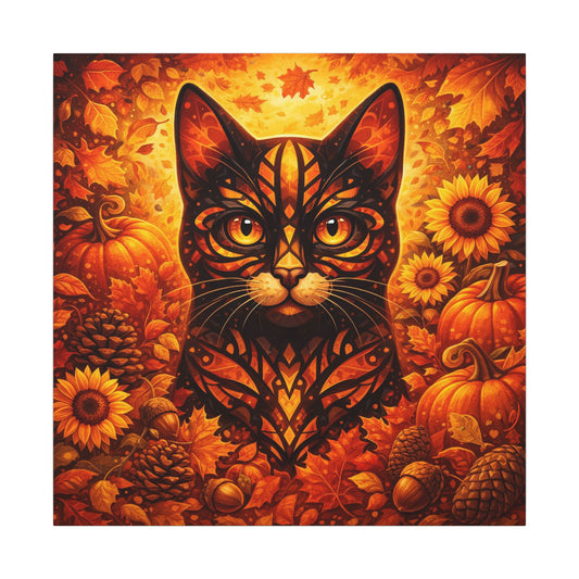Square canvas wall art featuring a dark cat with golden eyes in autumn flowers