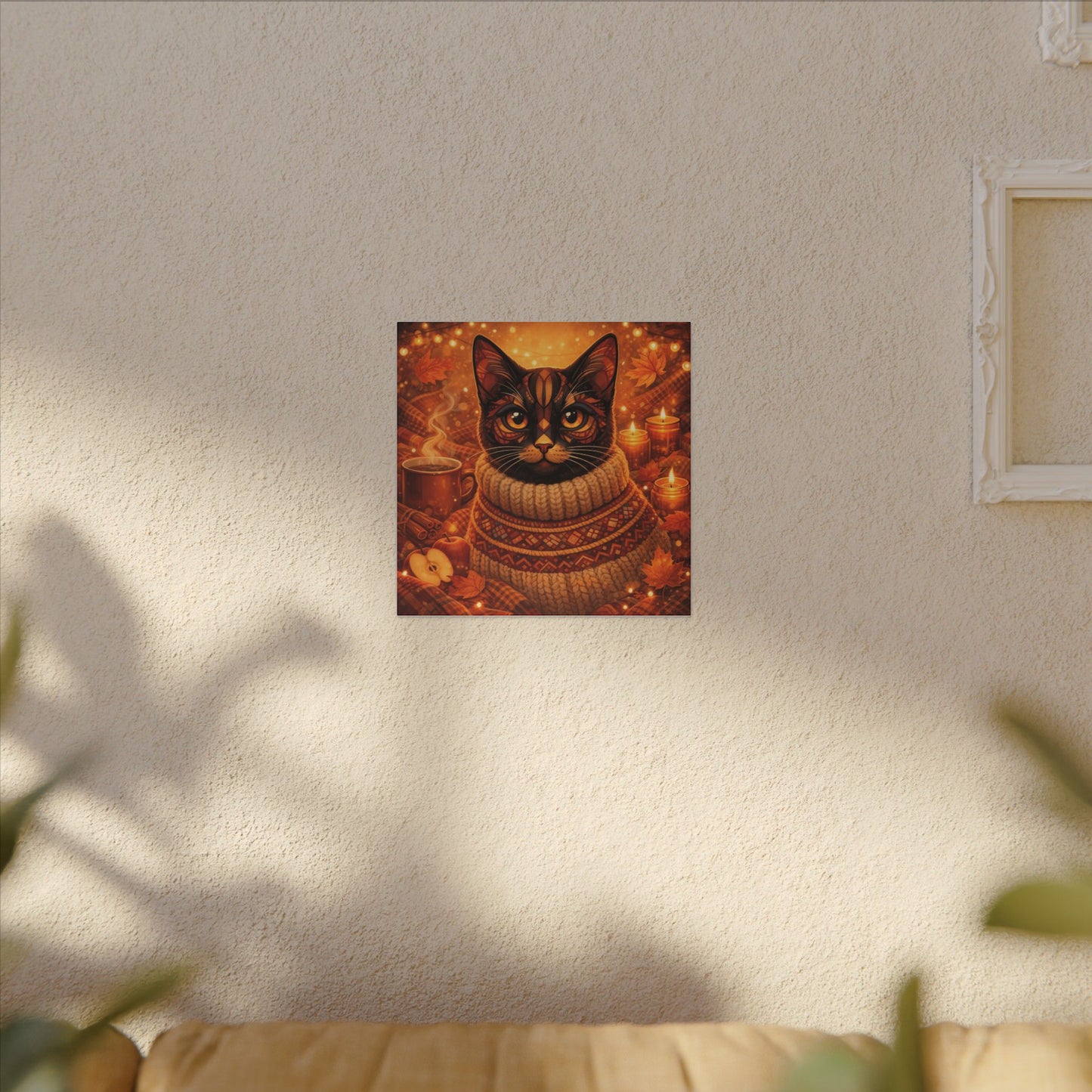 Autumn Cozy Cat Canvas - Warm Fall Cat Portrait with Sweater, Candles & Coffee