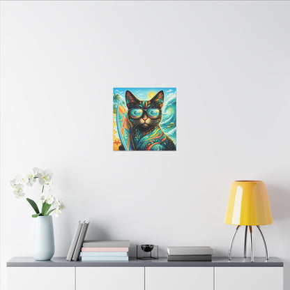 Surf Cat Canvas Wall Art — Colorful Tropical Cat with Sunglasses
