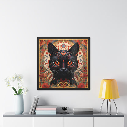 Black Cat Art Print — Framed Poster with Ornate Floral Mandala Design