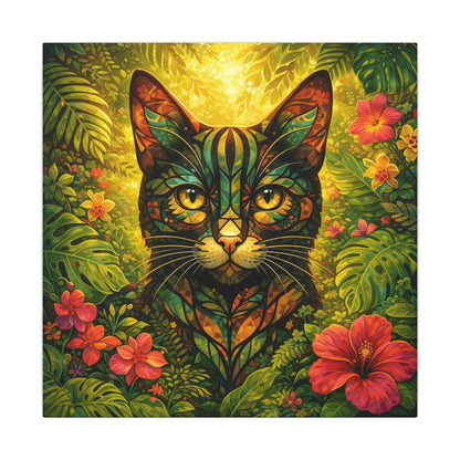 Tropical Cat Canvas Wall Art — Colorful Botanical Cat Portrait on Matte Stretched Canvas