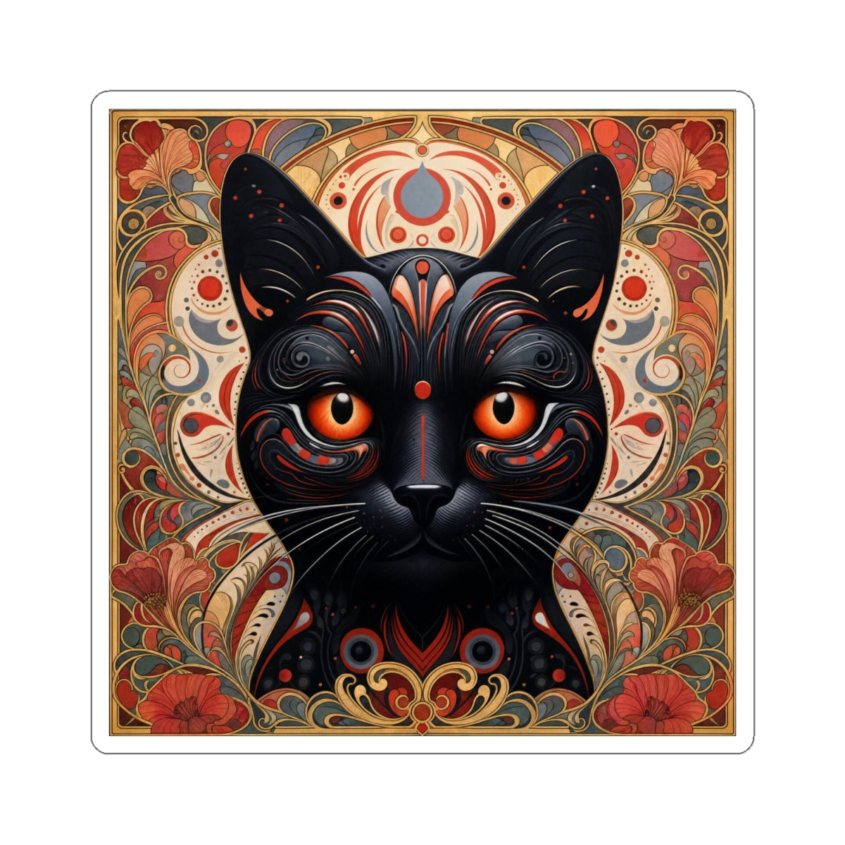 Black Cat Art Sticker — Ornate Orange Eyes Kiss-Cut Vinyl Sticker