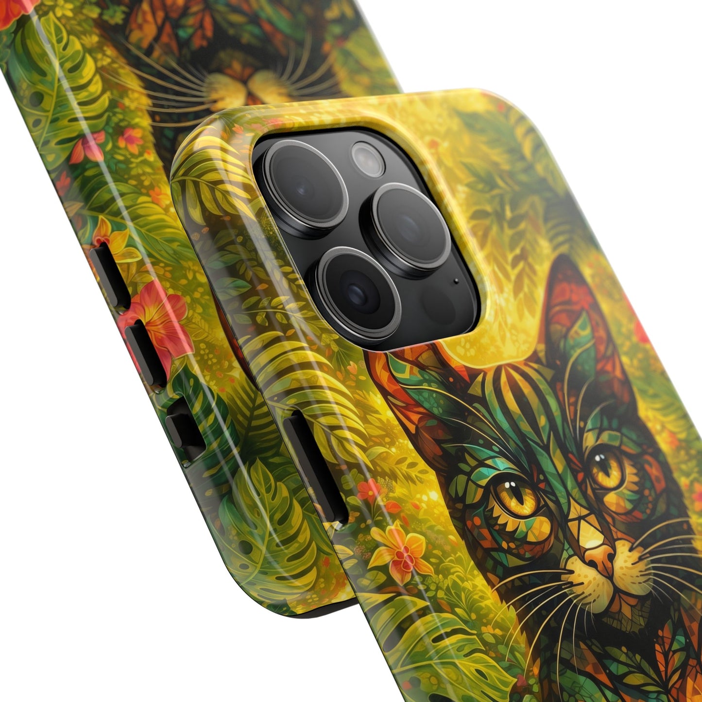 Tough phone case angled back view with jungle cat face, yellow foliage background, camera module cover.