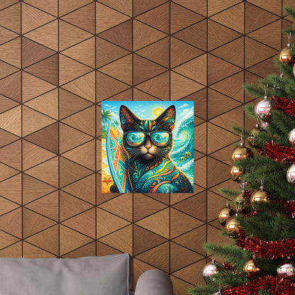 Surf Cat Poster — Colorful Tropical Cat with Sunglasses Matte Vertical Art