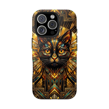 Art Deco Cat Tough Phone Case — Golden Geometric Protective Cover