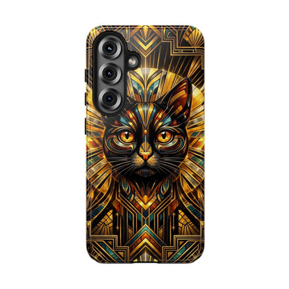Art Deco Cat Tough Phone Case — Golden Geometric Protective Cover