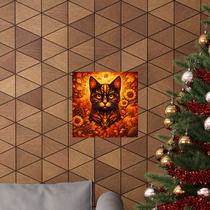 Autumn Cat Poster — Fall Pumpkin & Sunflower Matte Wall Art