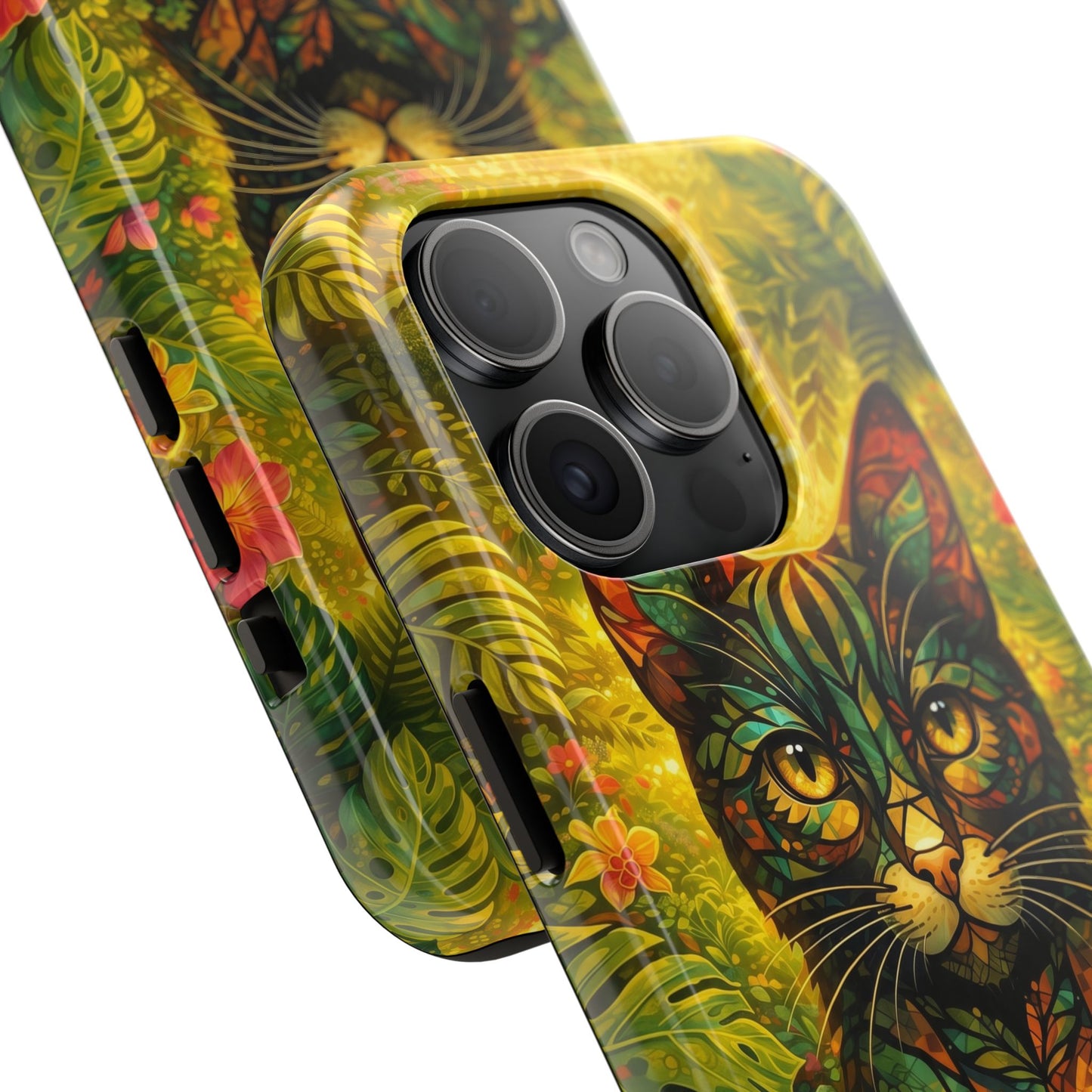 Tough phone case angled view showing jungle cat face, bold tropical leaves, and camera bump cutout.