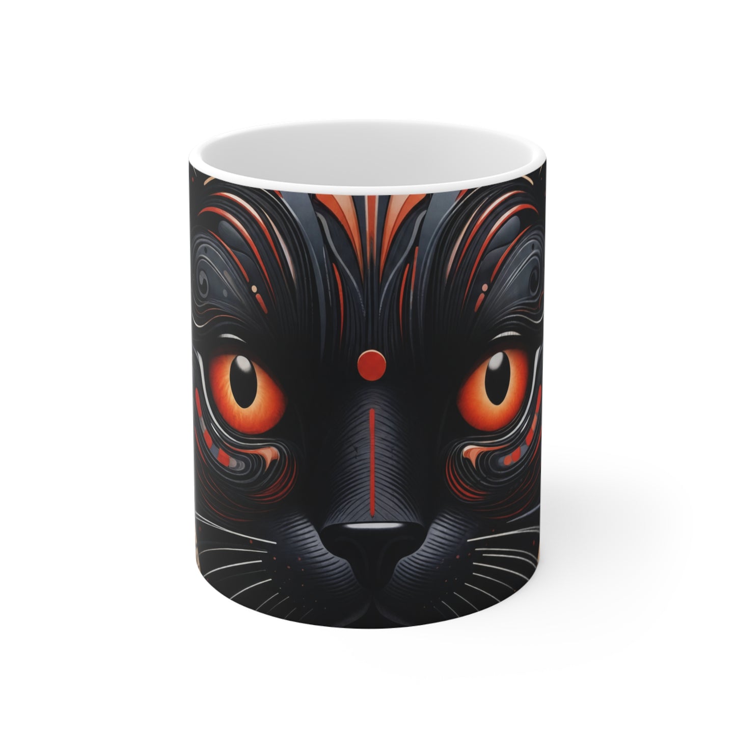 Black Cat Art Mug — Mystical Orange-Eyed Cat 11oz Ceramic Coffee Cup
