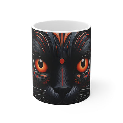 Black Cat Art Mug — Mystical Orange-Eyed Cat 11oz Ceramic Coffee Cup