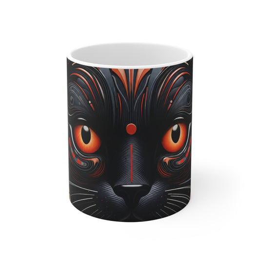 Ceramic coffee mug with black cat face and orange eyes, white rim