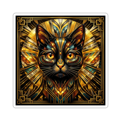 Art Deco Cat Kiss-Cut Sticker — Metallic Gold Geometric Feline Laptop Decal