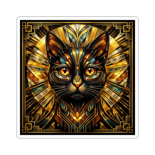 Art deco cat sticker, rounded square border, metallic gold geometric feline portrait