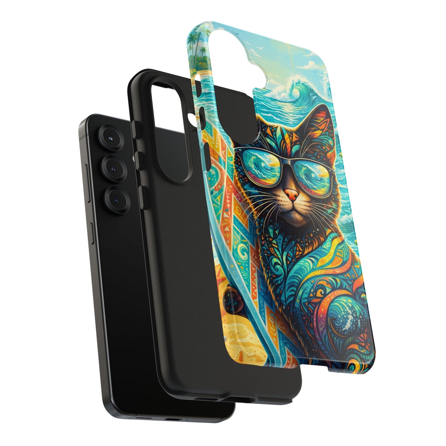 Tropical Surf Cat Tough Phone Case — Colorful Sunglasses Cat Slim Protective Cover