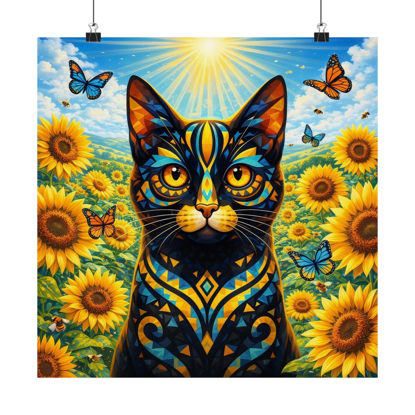 Sunflower Cat Poster — Vibrant Stained-Glass Cat Art Print