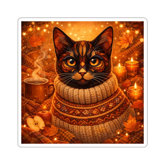Square cat kiss-cut sticker: tabby cat in knit sweater with autumn candles and leaves
